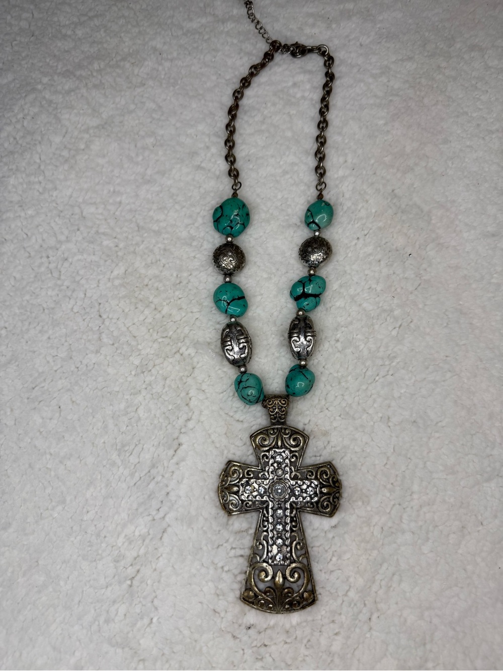 Turquoise Bead Cross Pendant Necklace - Women Jewelry